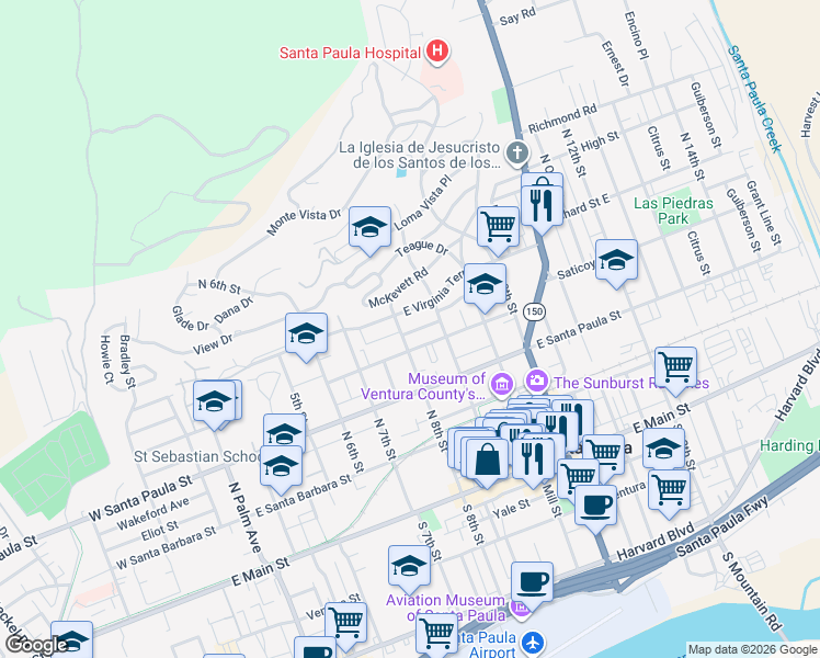 map of restaurants, bars, coffee shops, grocery stores, and more near 417 North 8th Street in Santa Paula