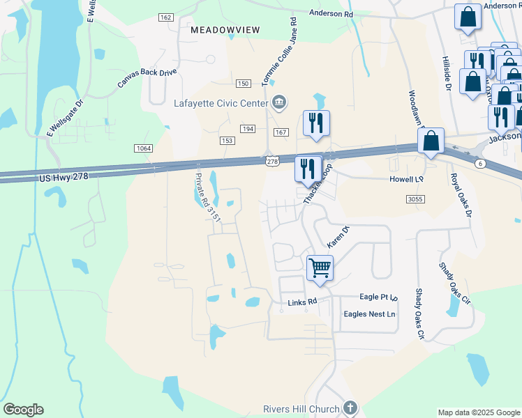 map of restaurants, bars, coffee shops, grocery stores, and more near 502 Private Road 3097 in Oxford