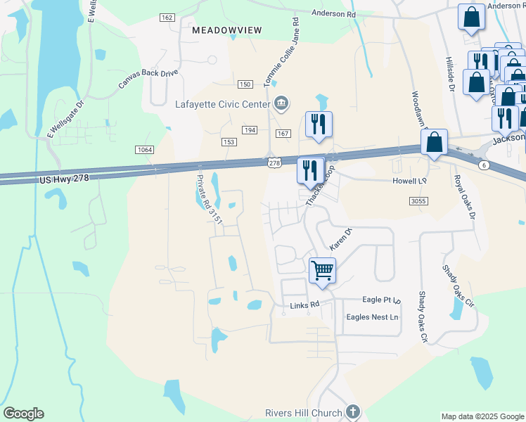 map of restaurants, bars, coffee shops, grocery stores, and more near 502 Private Road 3097 in Oxford