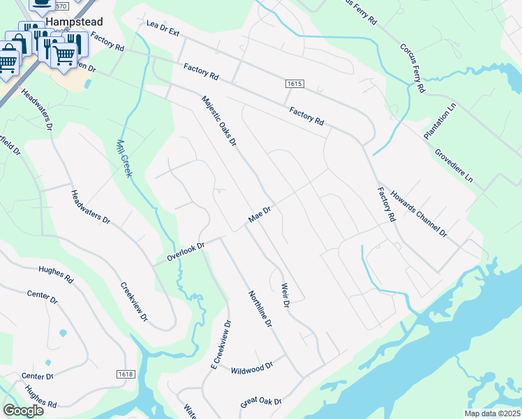 map of restaurants, bars, coffee shops, grocery stores, and more near 541 Mae Dr in Hampstead