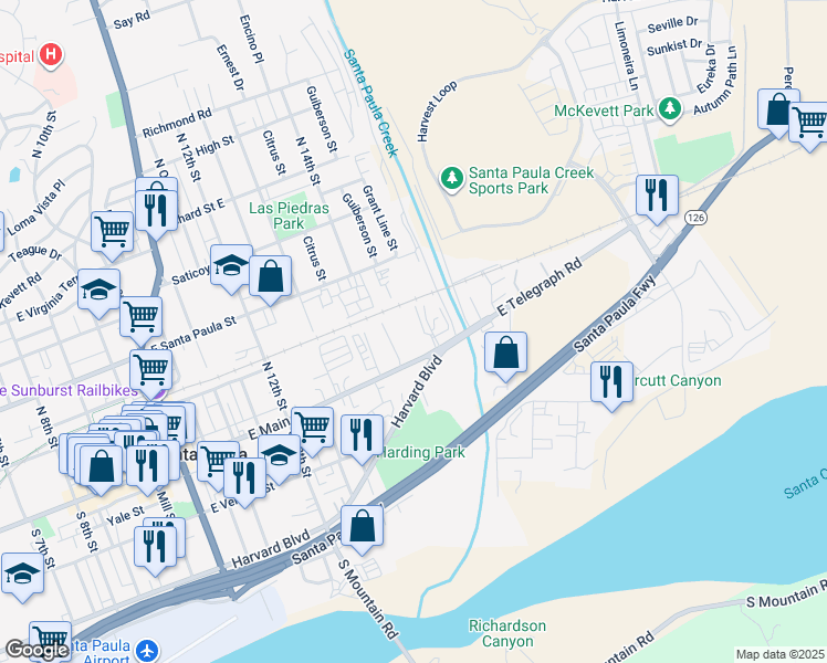 map of restaurants, bars, coffee shops, grocery stores, and more near 1453 East Main Street in Santa Paula