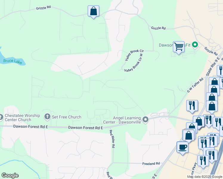 map of restaurants, bars, coffee shops, grocery stores, and more near 519 Magnolia Drive in Dawsonville