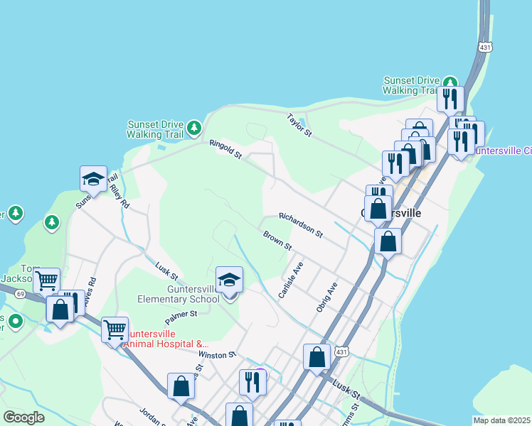 map of restaurants, bars, coffee shops, grocery stores, and more near 1826 Richardson Street in Guntersville