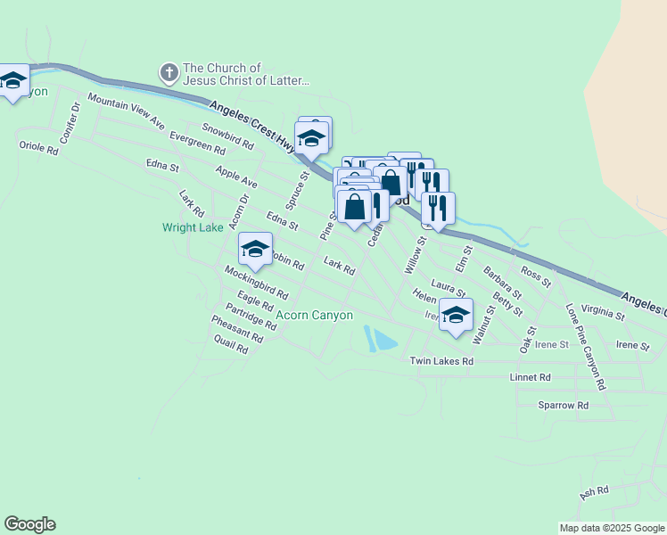 map of restaurants, bars, coffee shops, grocery stores, and more near 1215 Lark Road in Wrightwood
