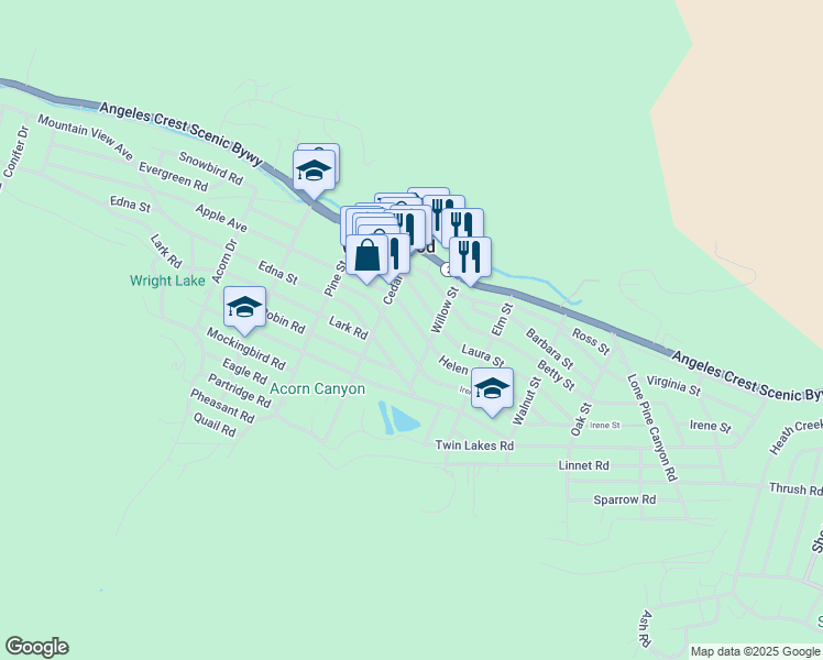 map of restaurants, bars, coffee shops, grocery stores, and more near 1347 Helen Street in Wrightwood