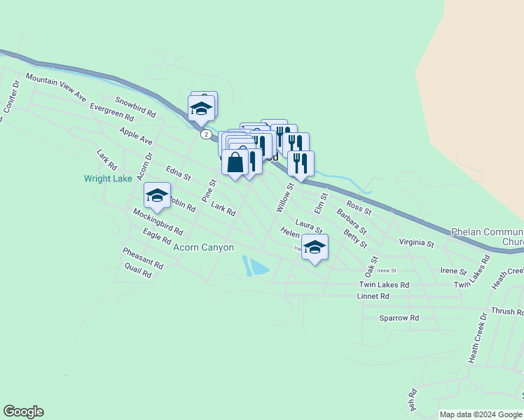 map of restaurants, bars, coffee shops, grocery stores, and more near 1347 Helen Street in Wrightwood