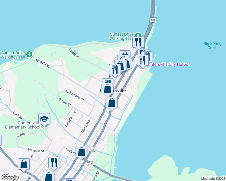 map of restaurants, bars, coffee shops, grocery stores, and more near in Guntersville