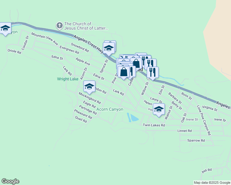 map of restaurants, bars, coffee shops, grocery stores, and more near 1215 Lark Road in Wrightwood
