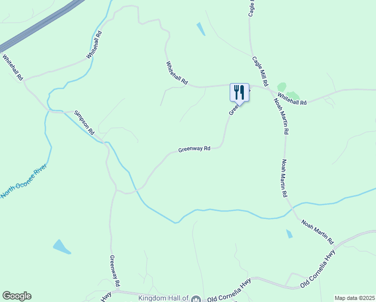 map of restaurants, bars, coffee shops, grocery stores, and more near Greenway Road in Hall County