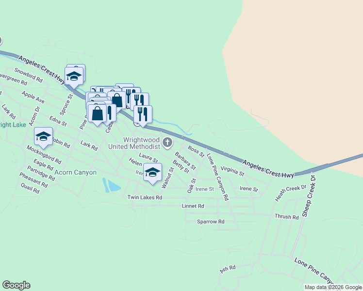 map of restaurants, bars, coffee shops, grocery stores, and more near 1575 Barbara Street in Wrightwood