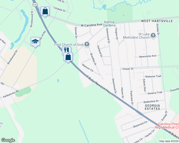 map of restaurants, bars, coffee shops, grocery stores, and more near 1927 West Bobo Newsom Highway in Hartsville