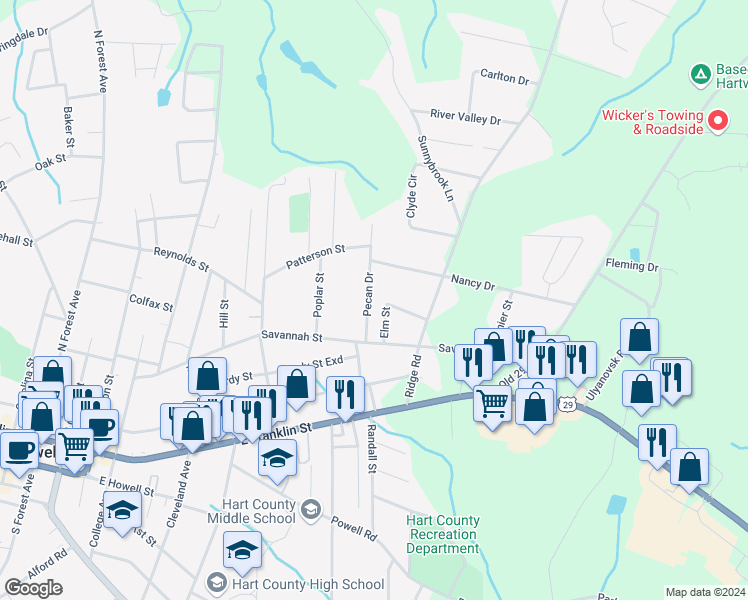 map of restaurants, bars, coffee shops, grocery stores, and more near 102 Pecan Drive in Hartwell
