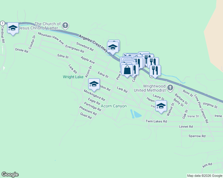 map of restaurants, bars, coffee shops, grocery stores, and more near 5926 Pine Street in Wrightwood