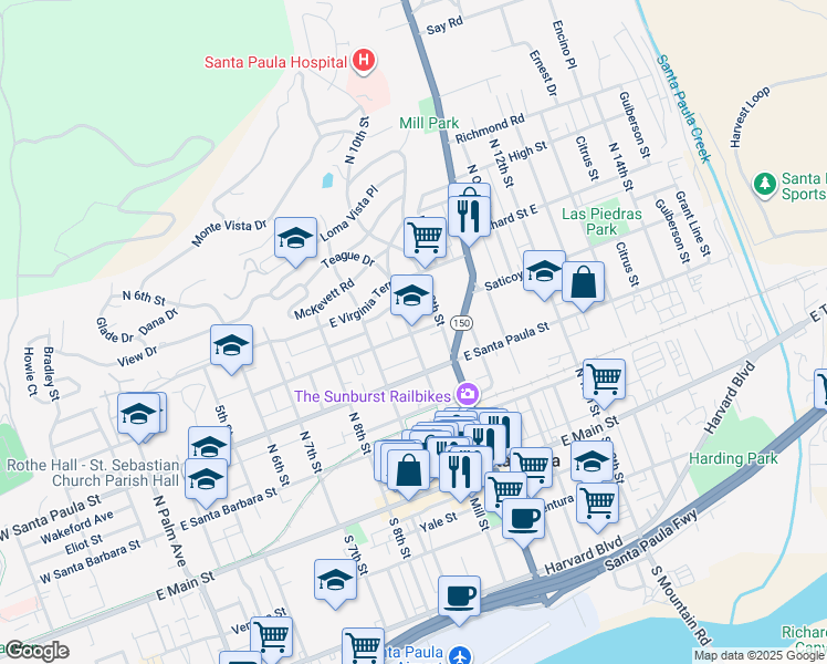 map of restaurants, bars, coffee shops, grocery stores, and more near 955 Pleasant Street in Santa Paula