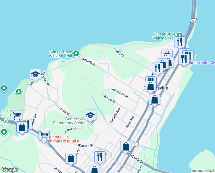 map of restaurants, bars, coffee shops, grocery stores, and more near 1826 Richardson Street in Guntersville