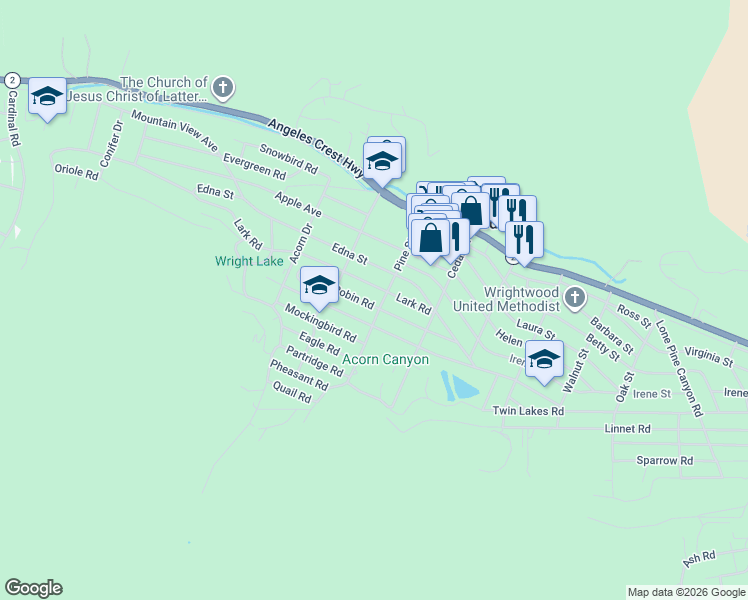 map of restaurants, bars, coffee shops, grocery stores, and more near 5926 Pine Street in Wrightwood