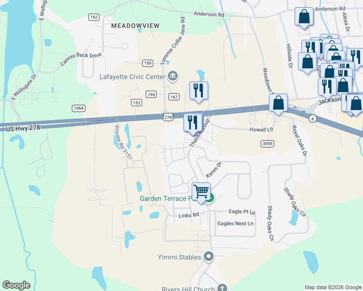 map of restaurants, bars, coffee shops, grocery stores, and more near 108 Private Road 3097 in Oxford