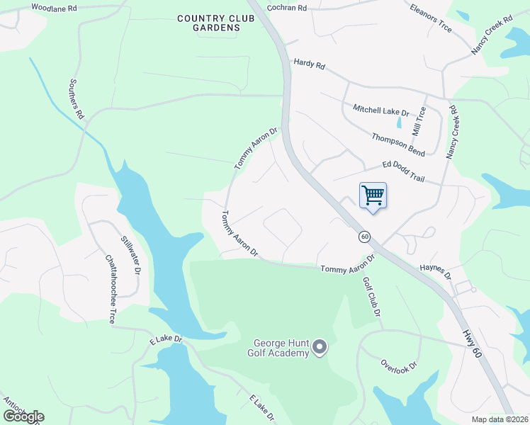 map of restaurants, bars, coffee shops, grocery stores, and more near 630 Tommy Aaron Drive in Gainesville