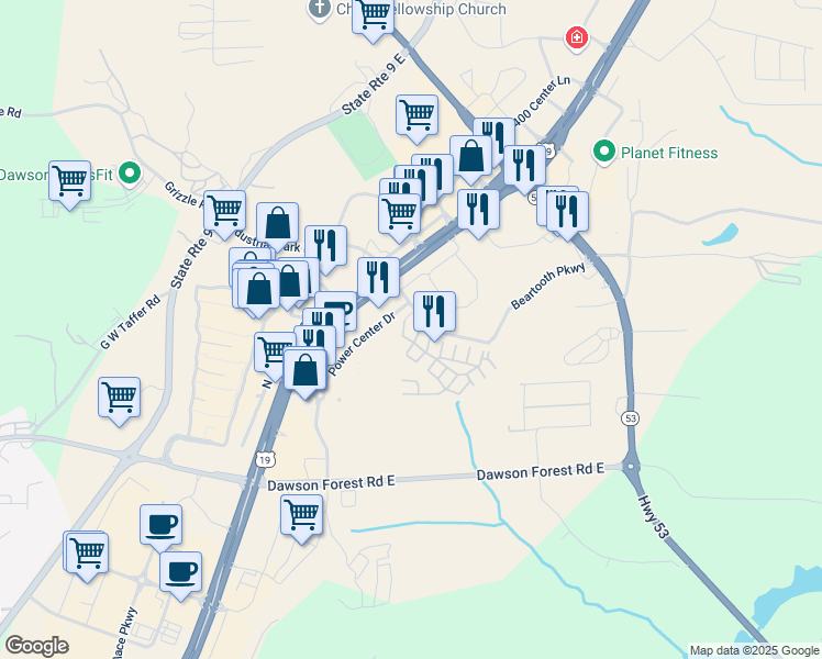 map of restaurants, bars, coffee shops, grocery stores, and more near 25 Beartooth Parkway in Dawsonville