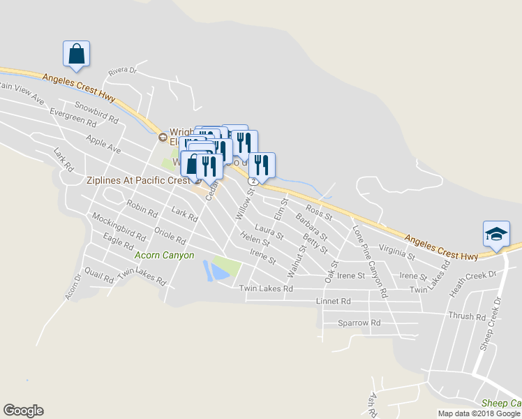 map of restaurants, bars, coffee shops, grocery stores, and more near 1440 Betty Street in Wrightwood