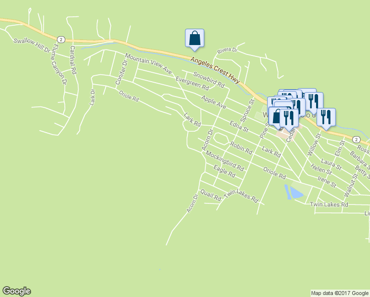 map of restaurants, bars, coffee shops, grocery stores, and more near 901 Mockingbird Road in Wrightwood