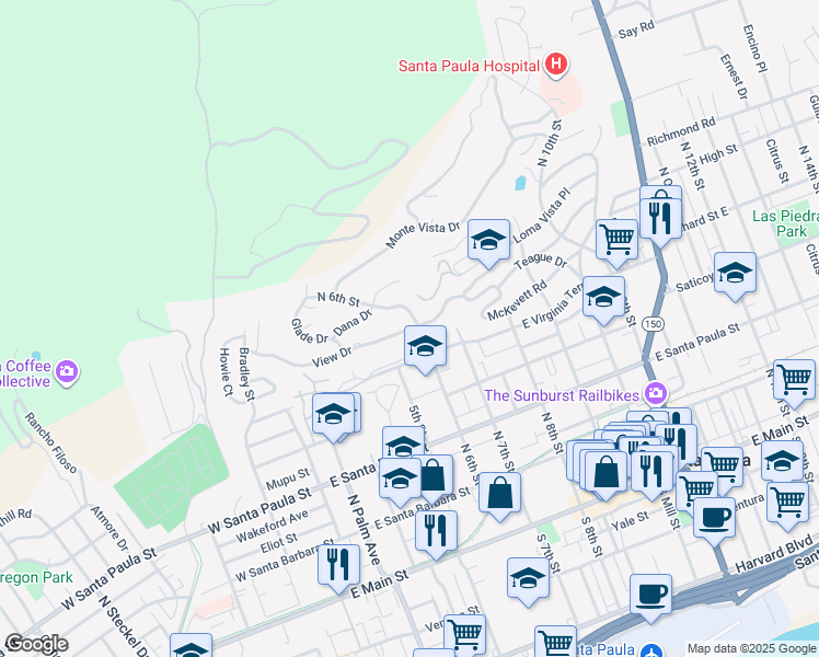 map of restaurants, bars, coffee shops, grocery stores, and more near 540 North 6th Street in Santa Paula