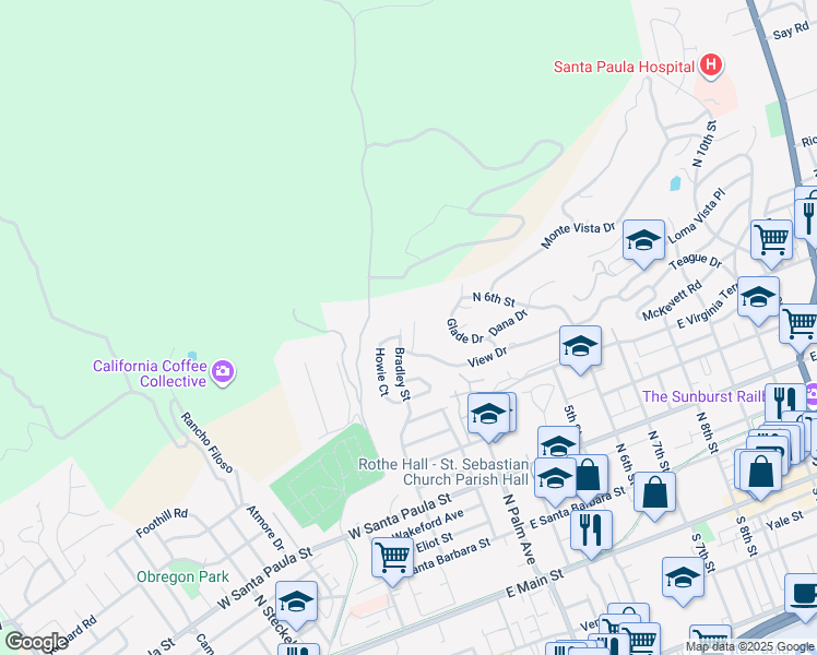 map of restaurants, bars, coffee shops, grocery stores, and more near 575 Bradley Street in Santa Paula