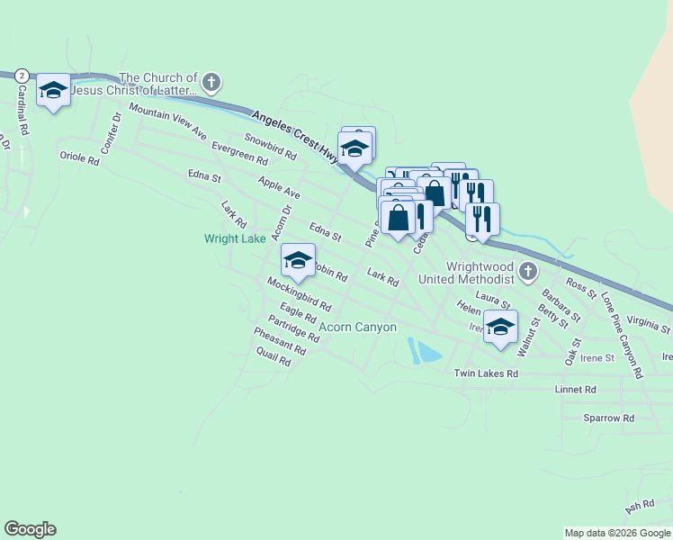 map of restaurants, bars, coffee shops, grocery stores, and more near 1130 Robin Road in Wrightwood