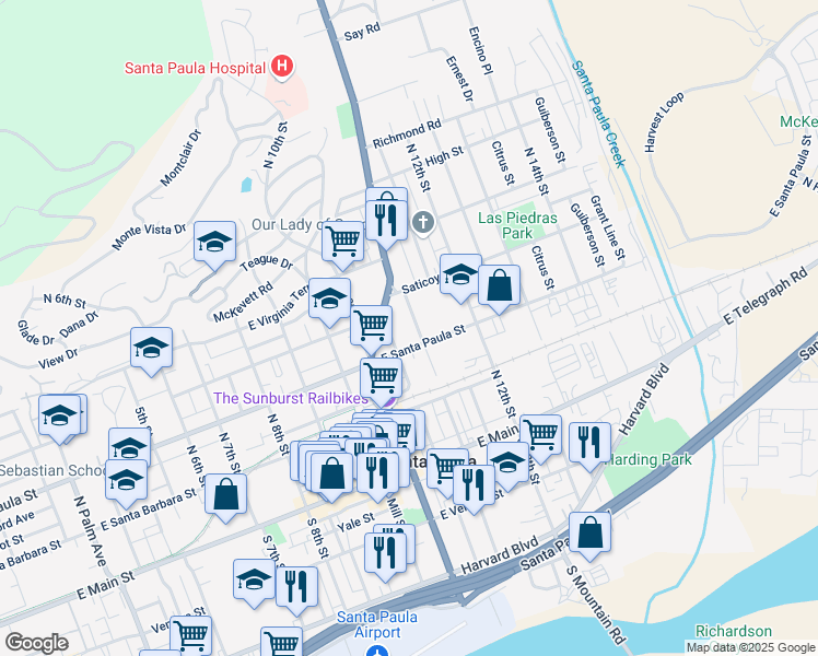 map of restaurants, bars, coffee shops, grocery stores, and more near 316B North 11th Street in Santa Paula