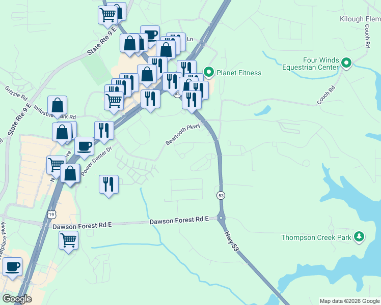 map of restaurants, bars, coffee shops, grocery stores, and more near 1-20 Hughes Court in Dawsonville