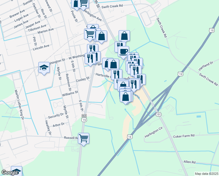 map of restaurants, bars, coffee shops, grocery stores, and more near Driver Avenue in Hartsville