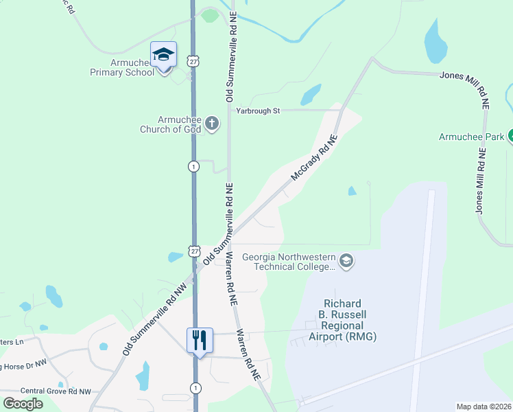 map of restaurants, bars, coffee shops, grocery stores, and more near 97 McGrady Road Northeast in Rome
