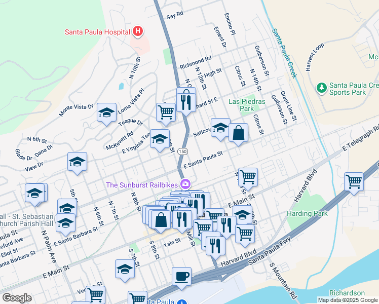 map of restaurants, bars, coffee shops, grocery stores, and more near 317 North Ojai Street in Santa Paula