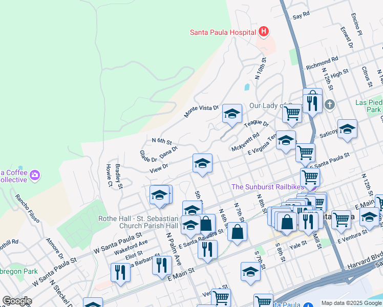 map of restaurants, bars, coffee shops, grocery stores, and more near 557 View Drive in Santa Paula