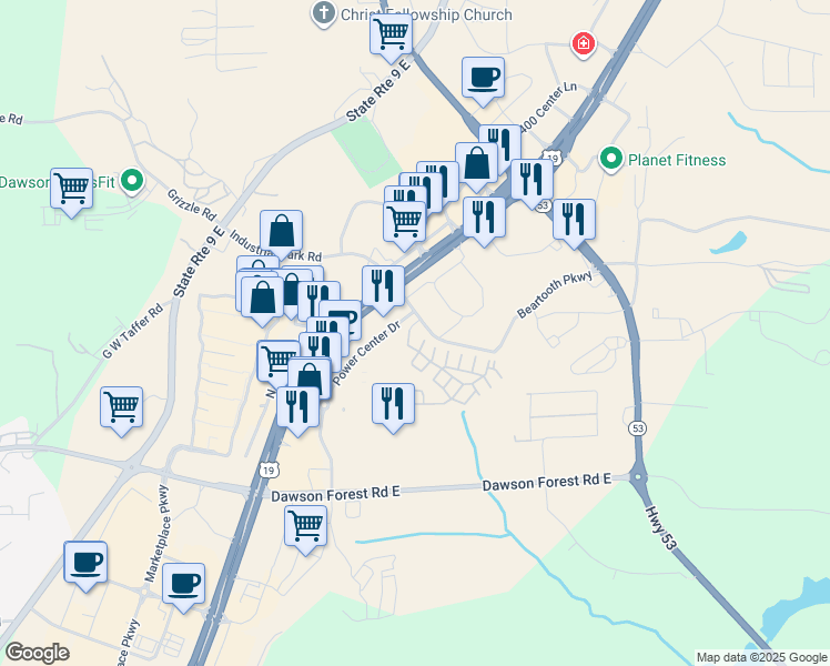 map of restaurants, bars, coffee shops, grocery stores, and more near 25 Beartooth Parkway in Dawsonville