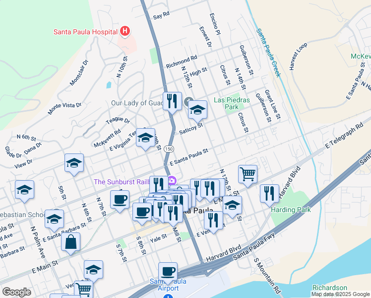 map of restaurants, bars, coffee shops, grocery stores, and more near 316B North 11th Street in Santa Paula