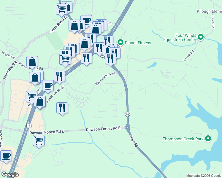 map of restaurants, bars, coffee shops, grocery stores, and more near 20 Hughes Court in Dawsonville
