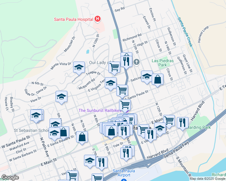map of restaurants, bars, coffee shops, grocery stores, and more near 955 Pleasant Street in Santa Paula