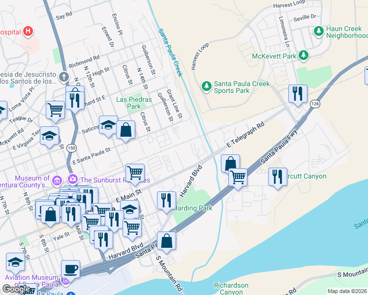 map of restaurants, bars, coffee shops, grocery stores, and more near 1433 East Main Street in Santa Paula