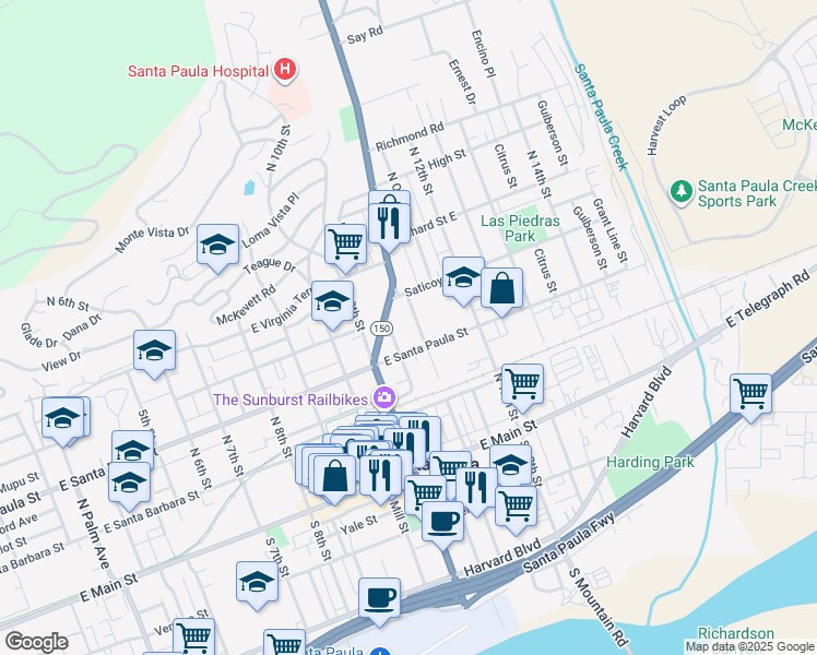 map of restaurants, bars, coffee shops, grocery stores, and more near 316B North 11th Street in Santa Paula