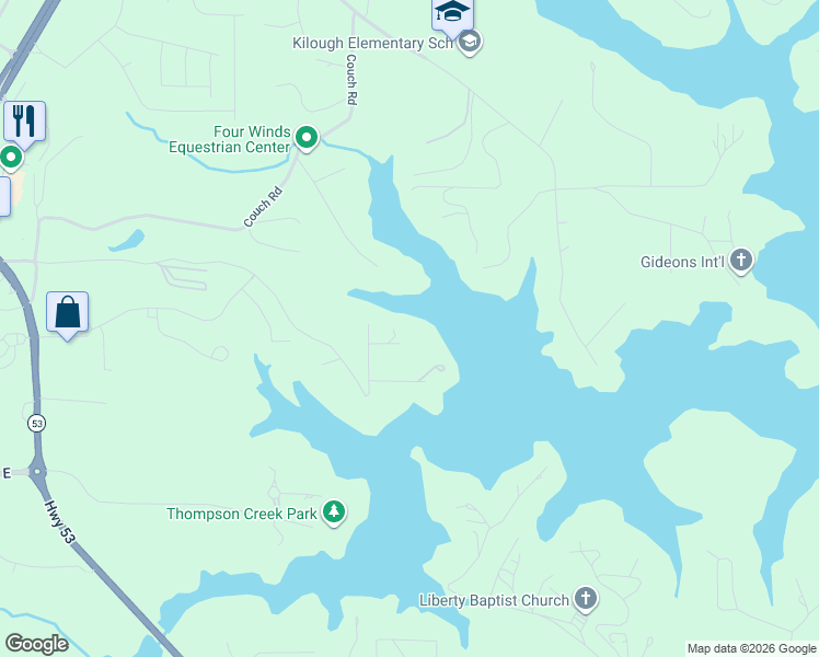 map of restaurants, bars, coffee shops, grocery stores, and more near 180 Sunset Drive in Dawsonville