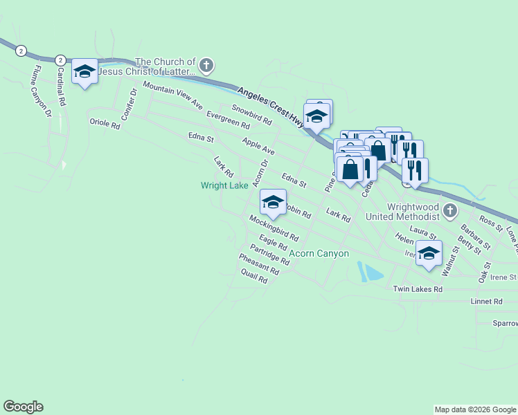map of restaurants, bars, coffee shops, grocery stores, and more near Oriole Road in Wrightwood