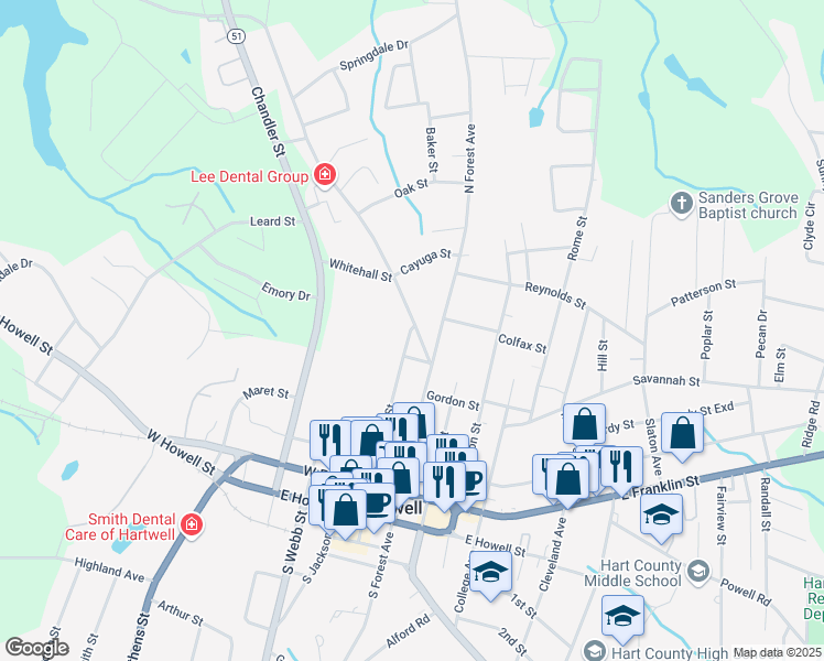map of restaurants, bars, coffee shops, grocery stores, and more near 101 Vickery Street in Hartwell