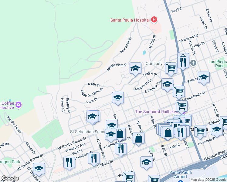 map of restaurants, bars, coffee shops, grocery stores, and more near 589 View Drive in Santa Paula