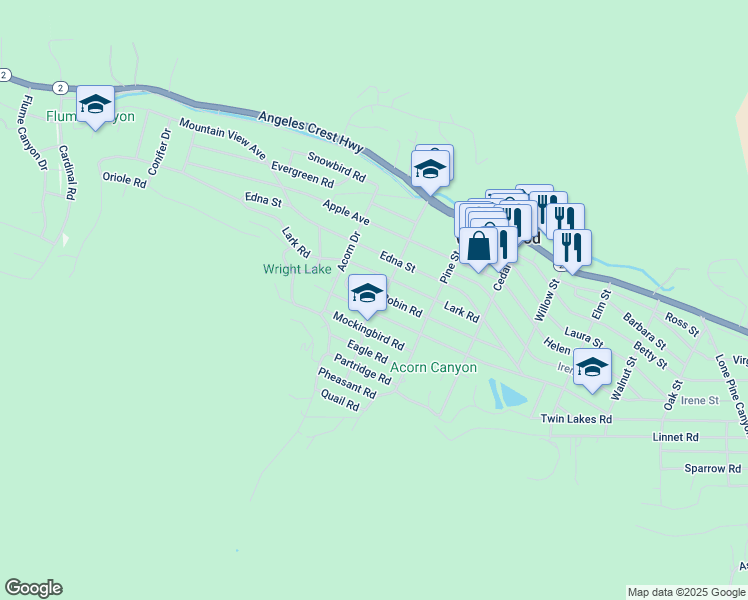 map of restaurants, bars, coffee shops, grocery stores, and more near 5946 Spruce Street in Wrightwood