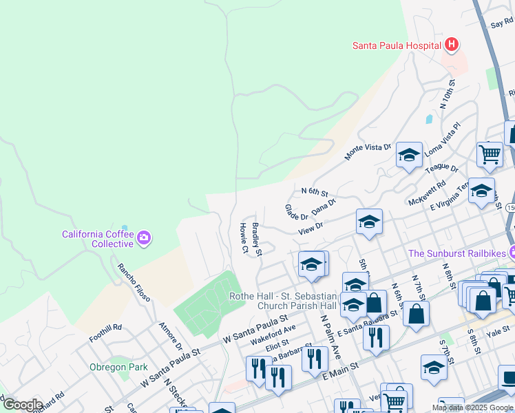 map of restaurants, bars, coffee shops, grocery stores, and more near 575 Bradley Street in Santa Paula