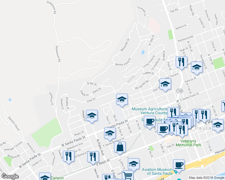 map of restaurants, bars, coffee shops, grocery stores, and more near 589 East View Drive in Santa Paula