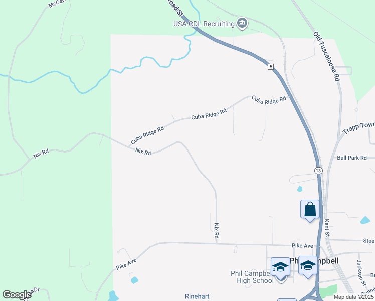 map of restaurants, bars, coffee shops, grocery stores, and more near 3001 Nix Road in Phil Campbell