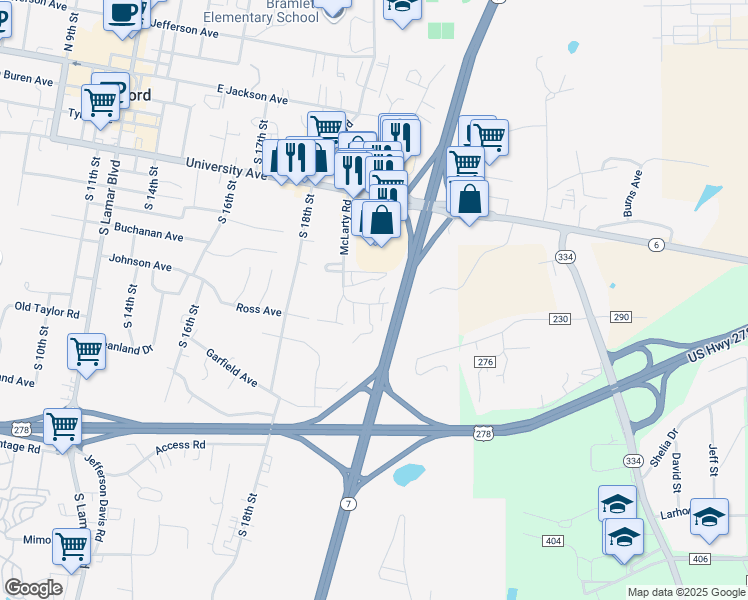 map of restaurants, bars, coffee shops, grocery stores, and more near 709 McLarty Road in Oxford