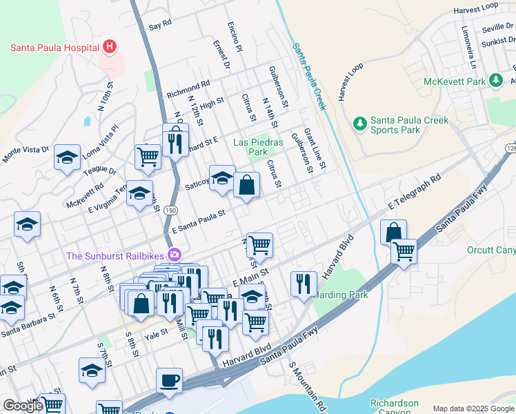 map of restaurants, bars, coffee shops, grocery stores, and more near 1218 East Santa Paula Street in Santa Paula